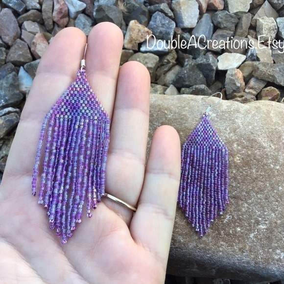 Purple Rainbow Lined Beaded Earrings with Fringe, New, Handmade By Me - Picture 5 of 7